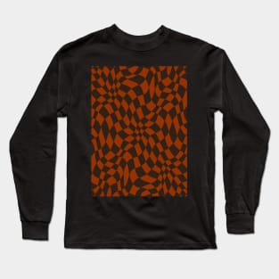 Brown and Orange Distorted Warped Checkerboard Pattern II Long Sleeve T-Shirt
